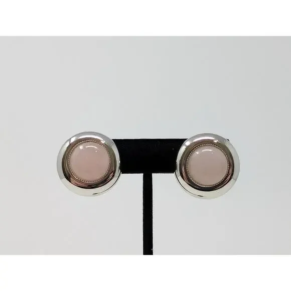 Silver Tone Pink Round Dome Button Clip On Earrings Classic Office - Picture 1 of 6